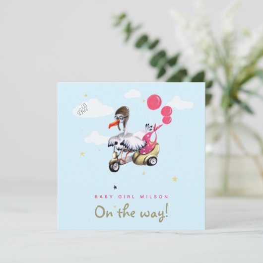 鳥おもしろいピンクのバルーン女の子シンプルかわいい妊娠 案内状 (スタンド正面)
