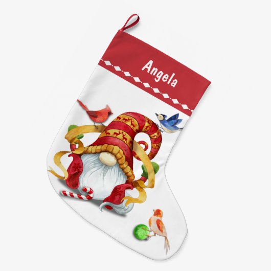 鳥おもしろい付きリボン格言パーソナライズされた ラージクリスマスストッキング (正面 (吊り時))