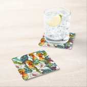 鳥およびエキゾチックな花模様2 スクエアペーパーコースター (インサイチュ)
