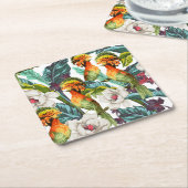 鳥およびエキゾチックな花模様2 スクエアペーパーコースター (アングル)