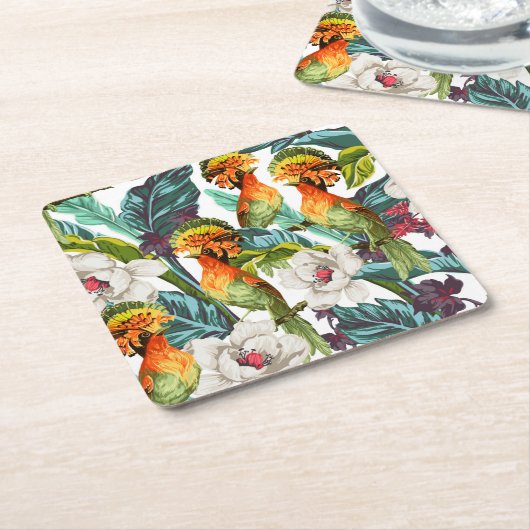 鳥およびエキゾチックな花模様2 スクエアペーパーコースター (アングル)