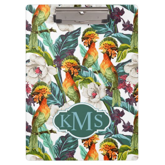 鳥およびエキゾチックな花模様|のモノグラム クリップボード (正面)