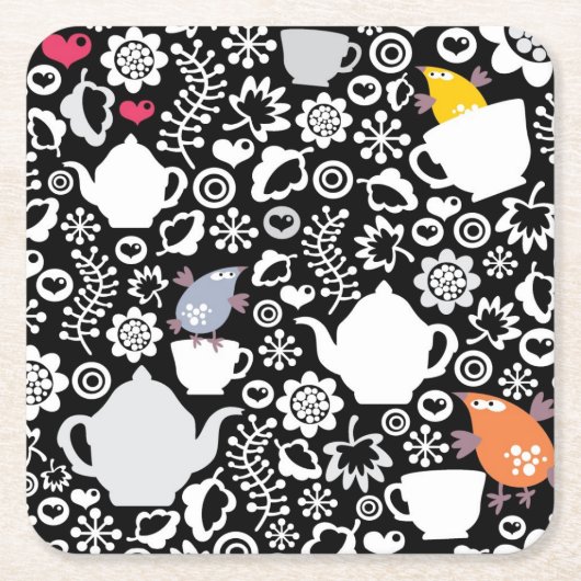 鳥およびコップパターン スクエアペーパーコースター (正面)