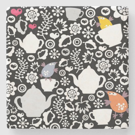鳥およびコップパターン ストーンコースター (正面)