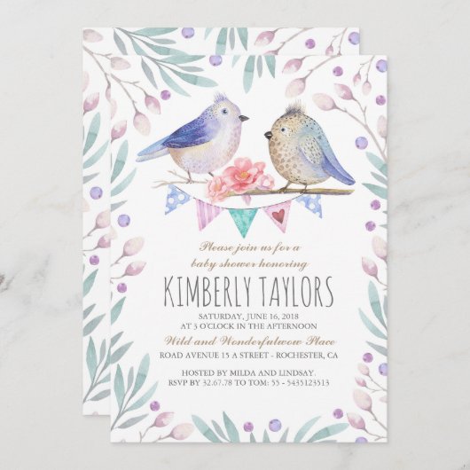 鳥およびピンクの花の森林ベビーシャワー 招待状 (正面/裏面)