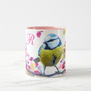 鳥およびピンクの花 ツートーンマグカップ