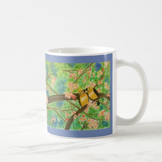 鳥および春の花の水彩画 コーヒーマグカップ (右)