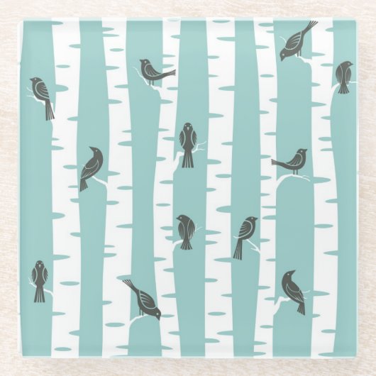 鳥および木が付いているパターン ガラスコースター (正面)