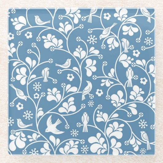 鳥および植物のオーナメントが付いているパターン ガラスコースター (正面)