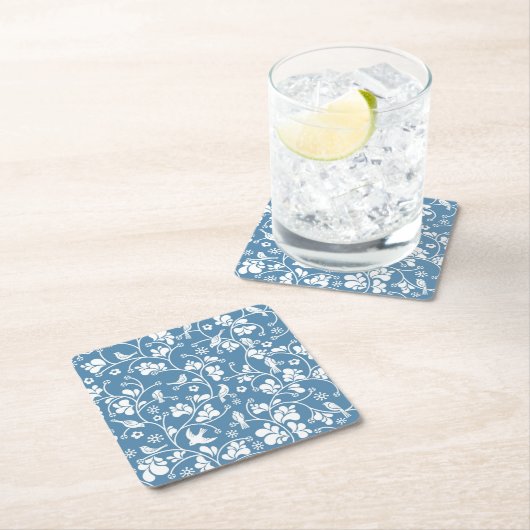 鳥および植物のオーナメントが付いているパターン スクエアペーパーコースター (インサイチュ)