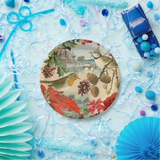 鳥および花が付いているヴィンテージのクリスマスの紙皿 ペーパープレート (パーティー)