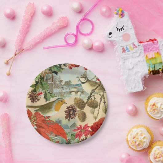 鳥および花が付いているヴィンテージのクリスマスの紙皿 ペーパープレート (パーティー)