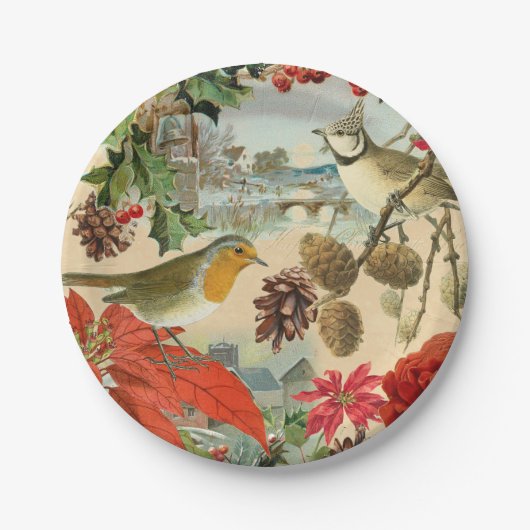 鳥および花が付いているヴィンテージのクリスマスの紙皿 ペーパープレート (正面)