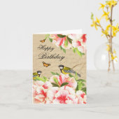 鳥および花が付いているヴィンテージの誕生日のメッセージカード カード (黄色い花)