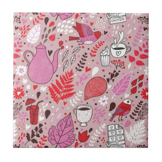 鳥および花が付いている風味がよいパターン タイル (正面)