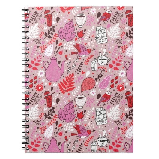 鳥および花が付いている風味がよいパターン ノートブック (正面)
