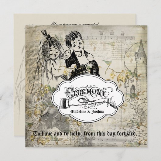 鳥および花の新郎新婦の結婚式の招待 招待状 (正面/裏面)