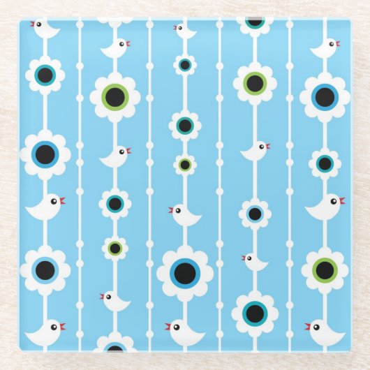 鳥および花の青パターン ガラスコースター (正面)