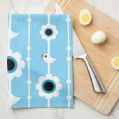 鳥および花の青パターン キッチンタオル (四つ折り)