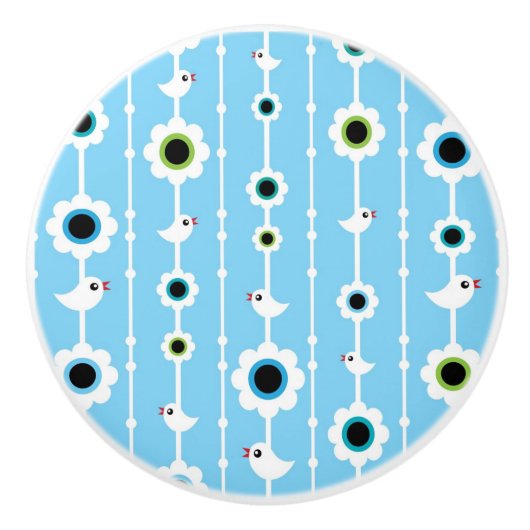 鳥および花の青パターン セラミックノブ (正面)