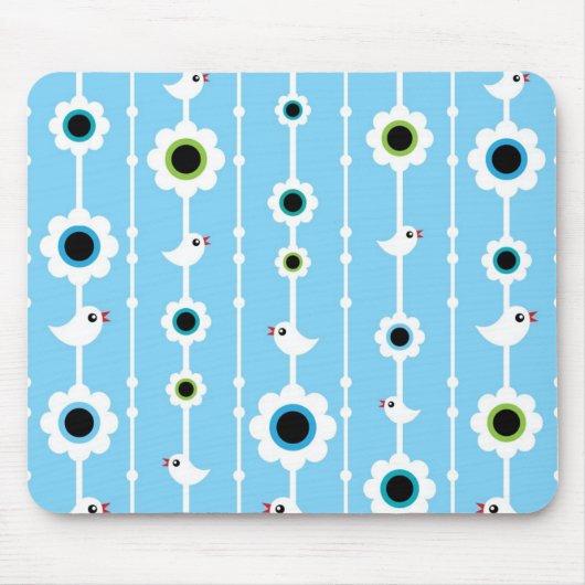 鳥および花の青パターン マウスパッド (正面)
