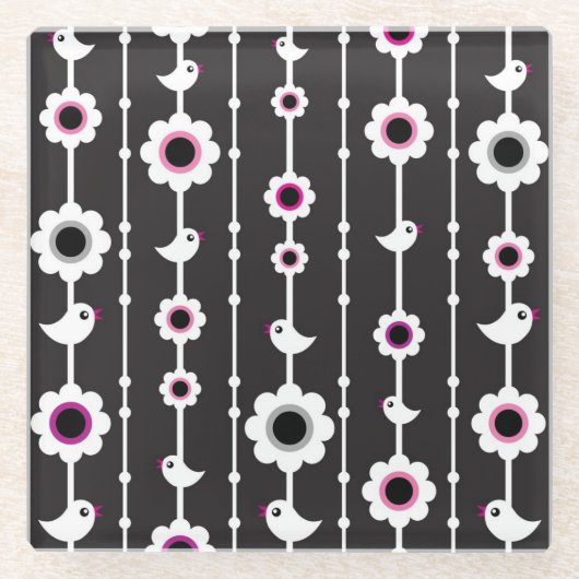 鳥および花模様 ガラスコースター (正面)