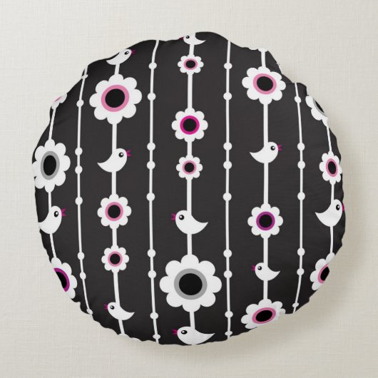 鳥および花模様 ラウンドクッション (裏面)