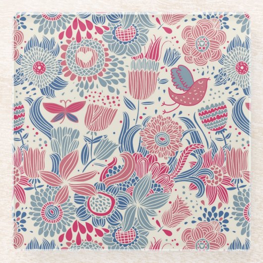 鳥および蝶が付いている花パターン ガラスコースター (正面)