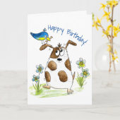 鳥お洒落の付いた斑犬 カード (黄色い花)