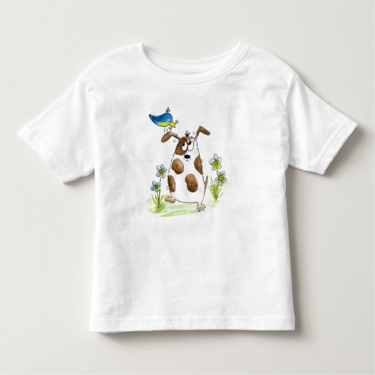 鳥お洒落の付いた斑犬 トドラーTシャツ (正面)