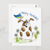 鳥お洒落の付いた斑犬 ポストカード (正面/裏面)