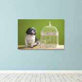 鳥かごに近い犬 キャンバスプリント (インサイチュ (ウッドフロア))