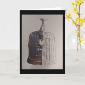 鳥かごのグリーティングカードに入った猫 カード (黄色い花)