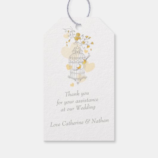鳥かごイエローグレー結婚式の引き出物ギフトラベル ギフトタグ (裏面)