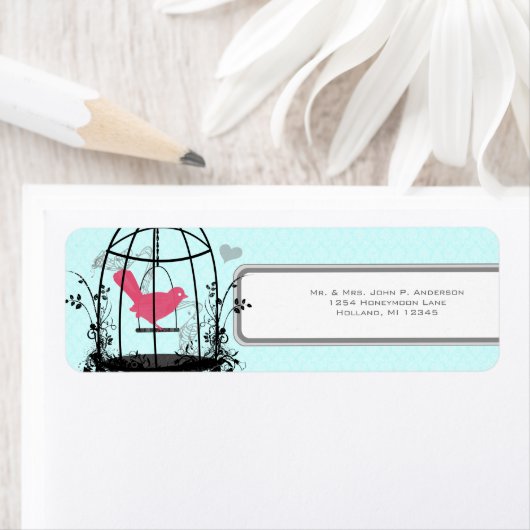 鳥かごピンクの鳥の音符とハート ラベル (インサイチュ)