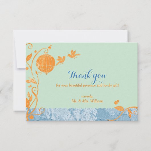 鳥かご愛の鳥ミントグリーン結婚の感謝 サンキューカード (正面)