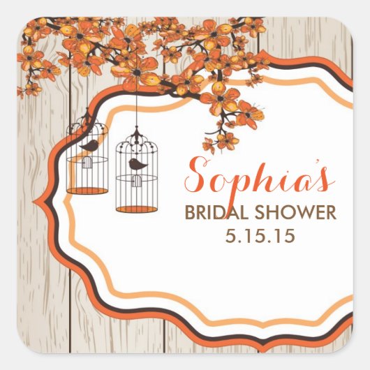 鳥かご素朴のブライダルシャワー優先ラベル スクエアシール (正面)