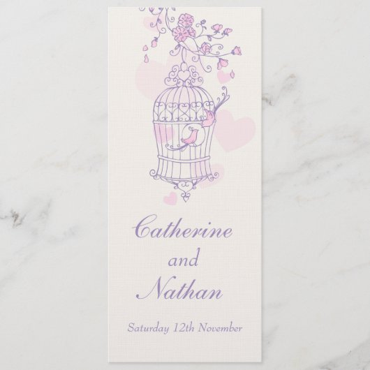 鳥かご紫色のピンク結婚のディナーメニュー メニュー (正面)