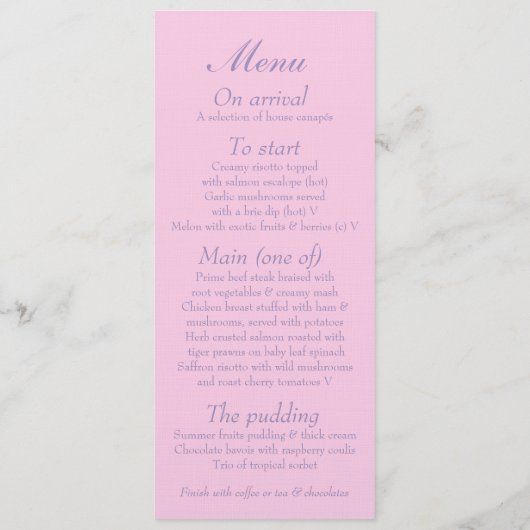 鳥かご紫色のピンク結婚のディナーメニュー メニュー (裏面)