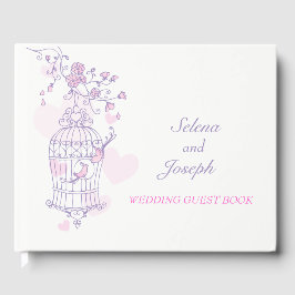 鳥かご紫/ピンク結婚のゲストブック ゲストブック