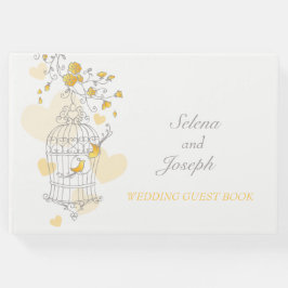 鳥かご2羽の黄色い鳥結婚のゲストブック ゲストブック