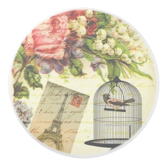 鳥かご エッフェル塔 フランスの花 陶器プル セラミックノブ (正面)