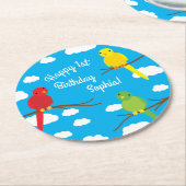 鳥かわいいカラフル春1歳の誕生日 ラウンドペーパーコースター (アングル)