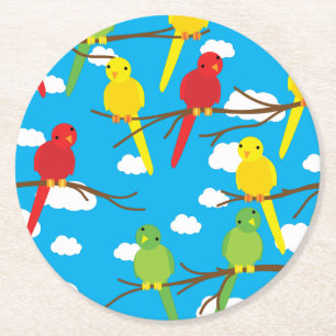 鳥かわいいカラフル春1歳の誕生日 ラウンドペーパーコースター