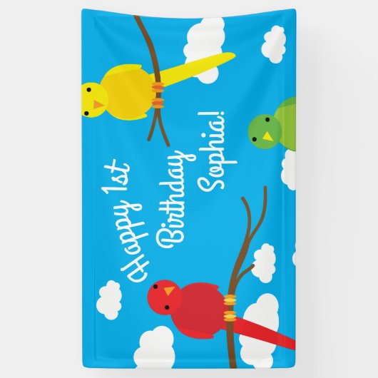鳥かわいいカラフル春1歳の誕生日 横断幕 (縦)