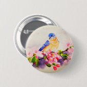 鳥かわいらしとさくらんぼの花の水の色絵を描の 缶バッジ (正面&裏面)