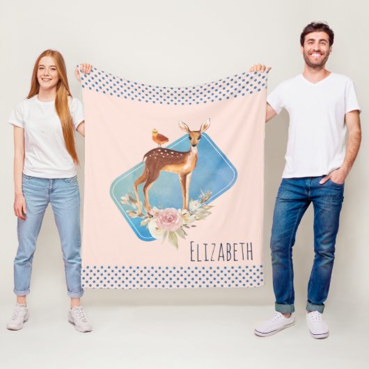 鳥かわいらしとバラの入った茶色の子鹿 フリースブランケット (インサイチュ)