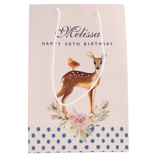 鳥かわいらしとバラの入った茶色の子鹿 ミディアムペーパーバッグ (正面)