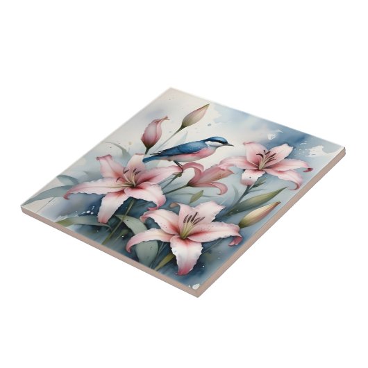 鳥かわいらし水色のピンクの絵画ハイビスカス タイル (側面)