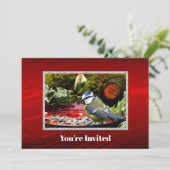 鳥かわいらし赤フィーダー松フォト誕生日 招待状 (スタンド正面)